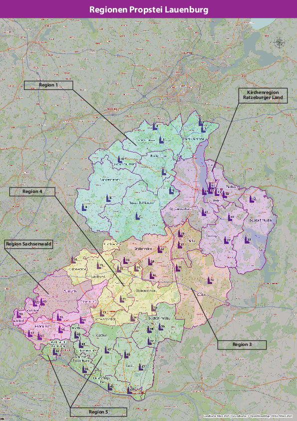 Eiune Landkarte von Lauenburg mit verschiedenen Farben für bestimmte Regionen