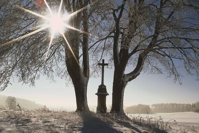 In einer Winterlandschaft steht zwischen zwei Bäumen ein Kreuz auf einem Sockel. Die Sonnen scheint durch den linken Baum. - Copyright: Gemeindebrief.de  Foto: Okapia