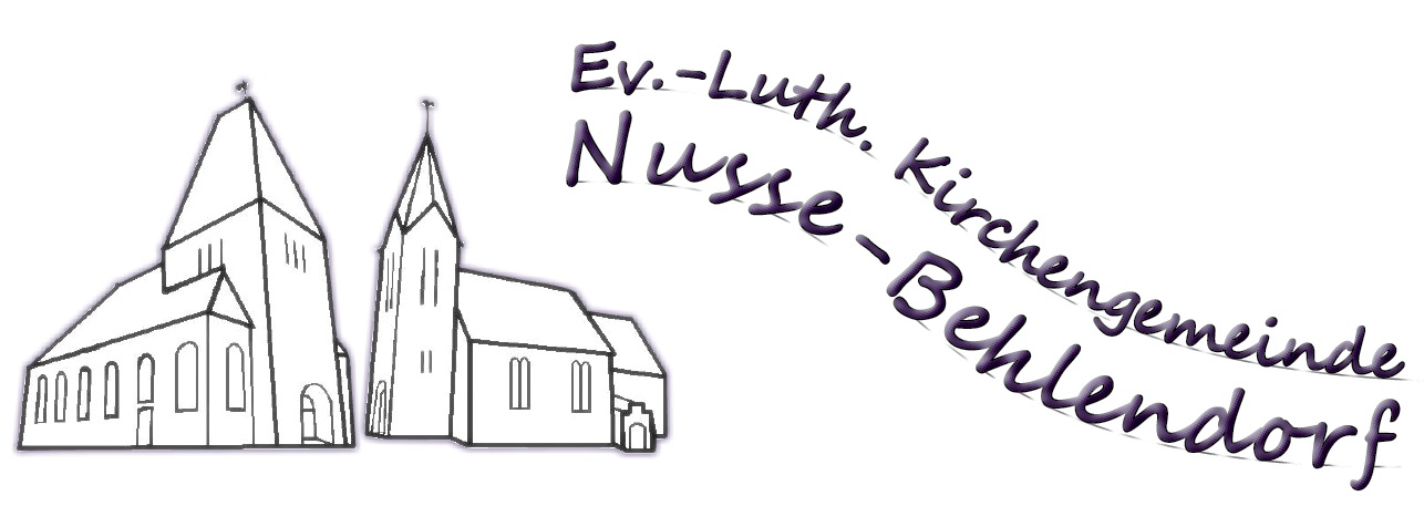 Zeichnungen von zwei Kirchen mit dem rutschenförmigen Schriftzug auf der rechten Seite: Ev.-Luth. Kirchengemeinde Nusse-Behlendorf